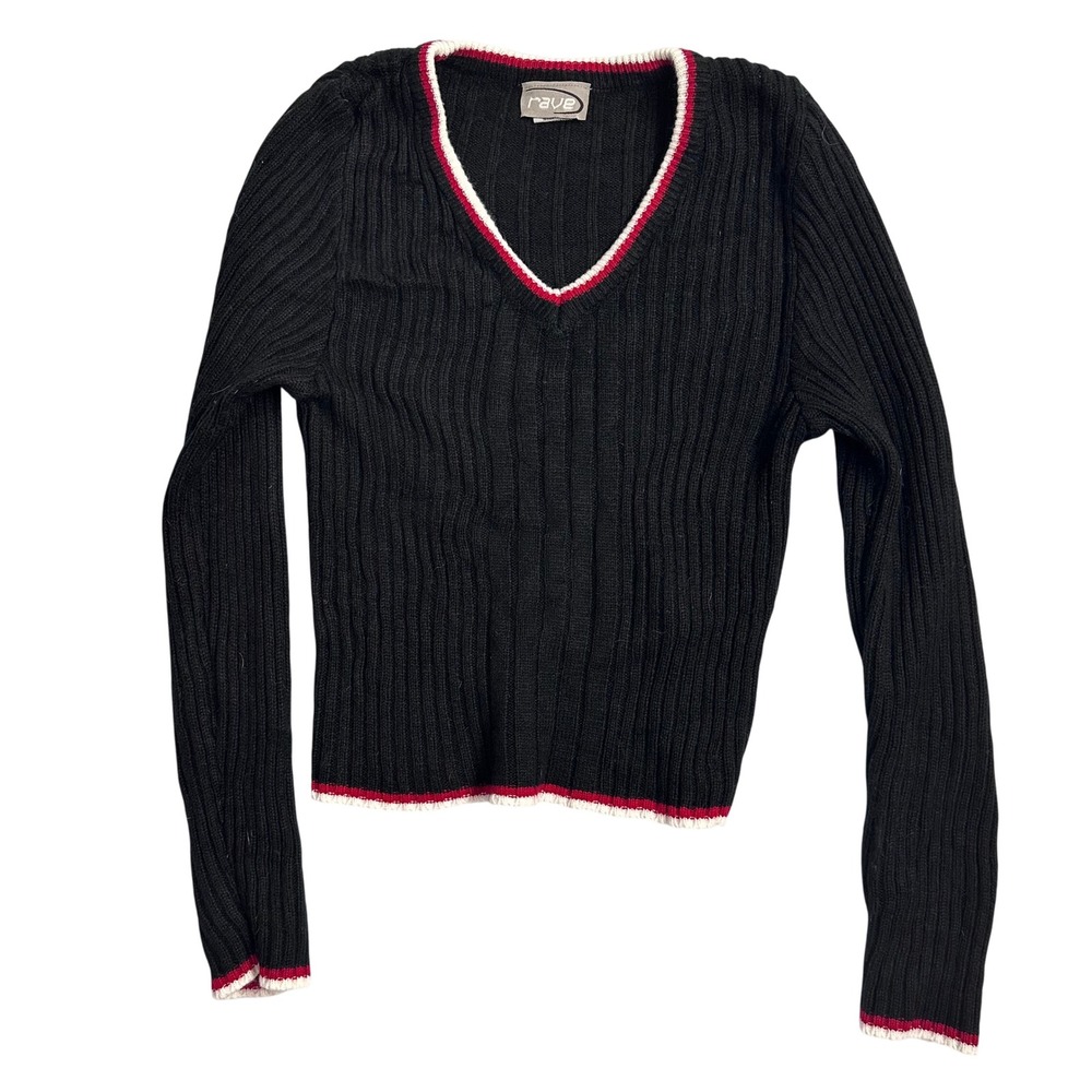 Rave Ribbed Knit V Neck Long Sleeve Sweater Black Red White Trim Y2K sz Large